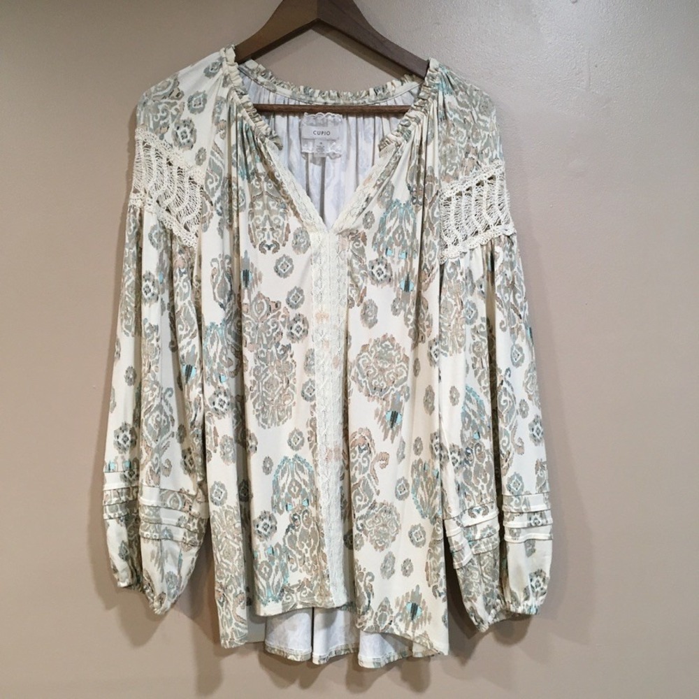 Cupio Lace Trim Paisley Long Sleeve Blouse Top Womens 1X Cream Boho Ren Faire